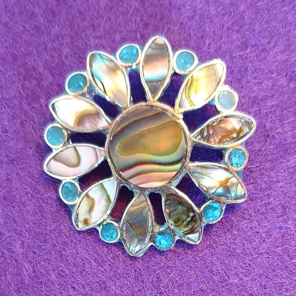 Vintage Mexican Abalone & Turquoise Inlaid Alpaca Silver Flower Brooch - Picture 6 of 11